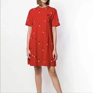 McQ by AMcQ XS Red Navy Swallow Twins Short Sleeve Cotton T-Shirt Dress